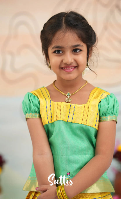 Organza Pavadai Sattai - Bright Yellow and Turquoise Blue - Kids-Suttis