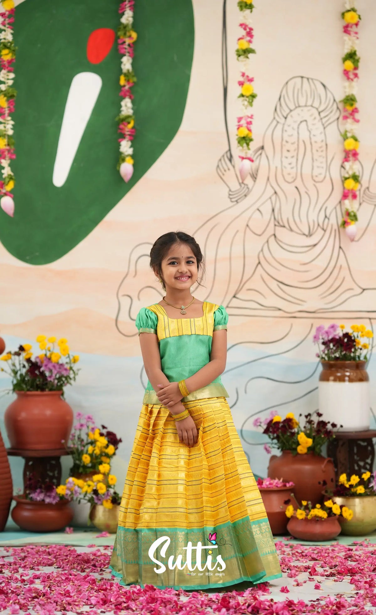 Organza Pavadai Sattai - Bright Yellow and Turquoise Blue - Kids-Suttis