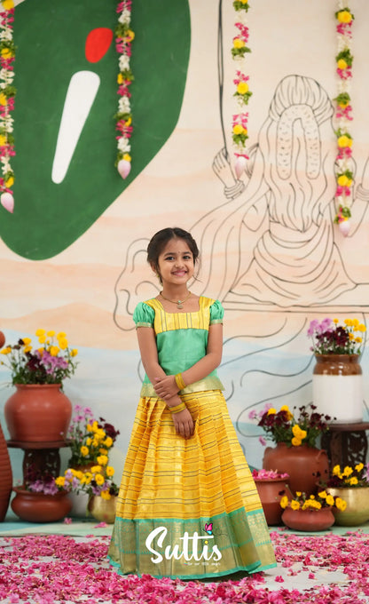 Organza Pavadai Sattai - Bright Yellow and Turquoise Blue - Kids-Suttis