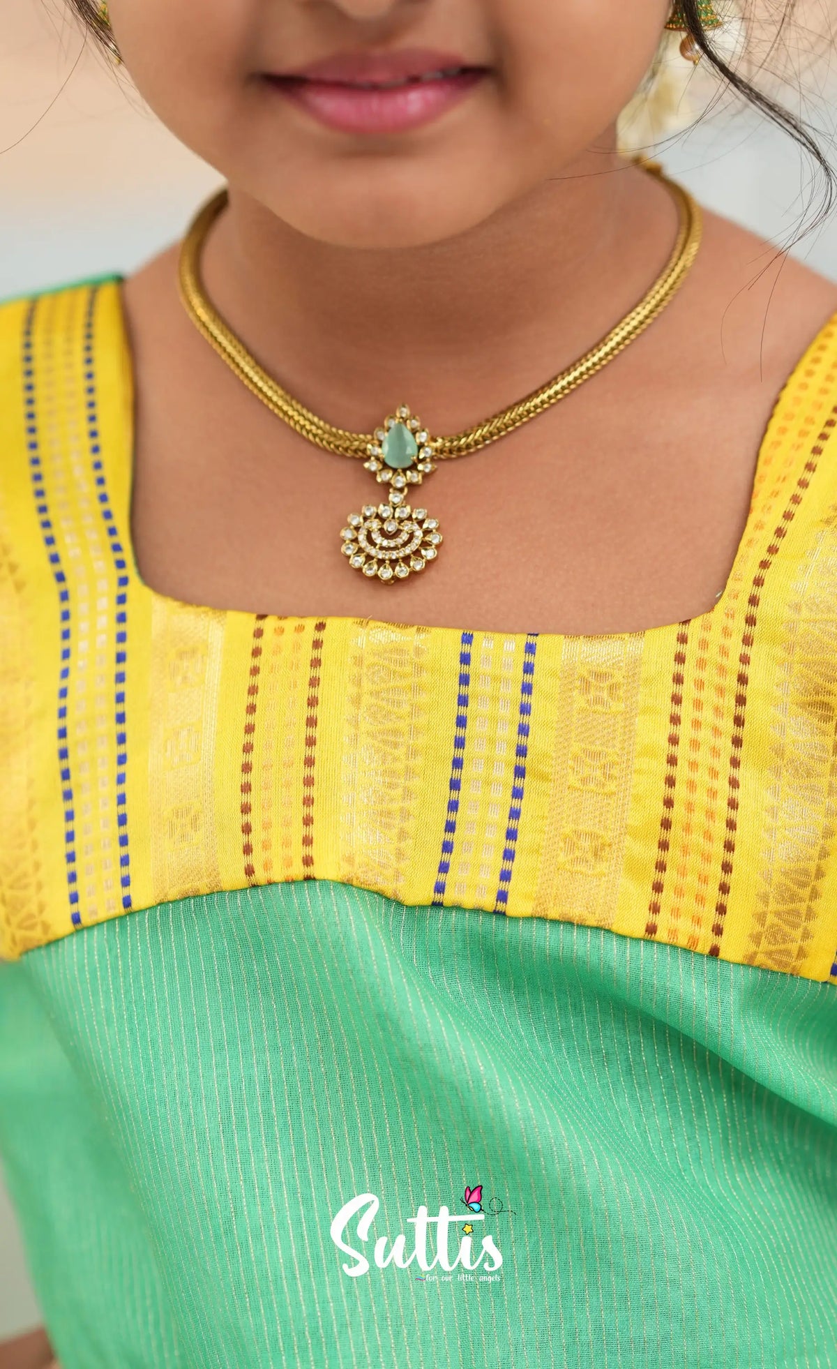 Organza Pavadai Sattai - Bright Yellow and Turquoise Blue - Kids-Suttis