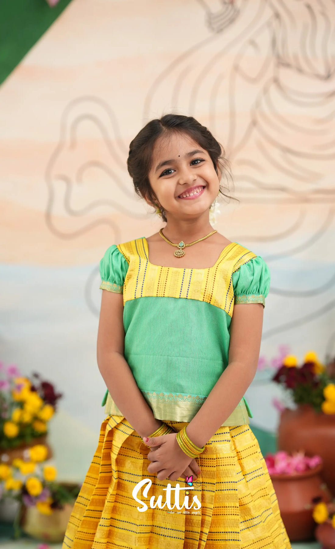 Organza Pavadai Sattai - Bright Yellow and Turquoise Blue - Kids-Suttis