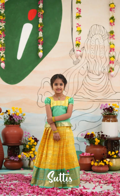 Organza Pavadai Sattai - Bright Yellow and Turquoise Blue - Kids-Suttis