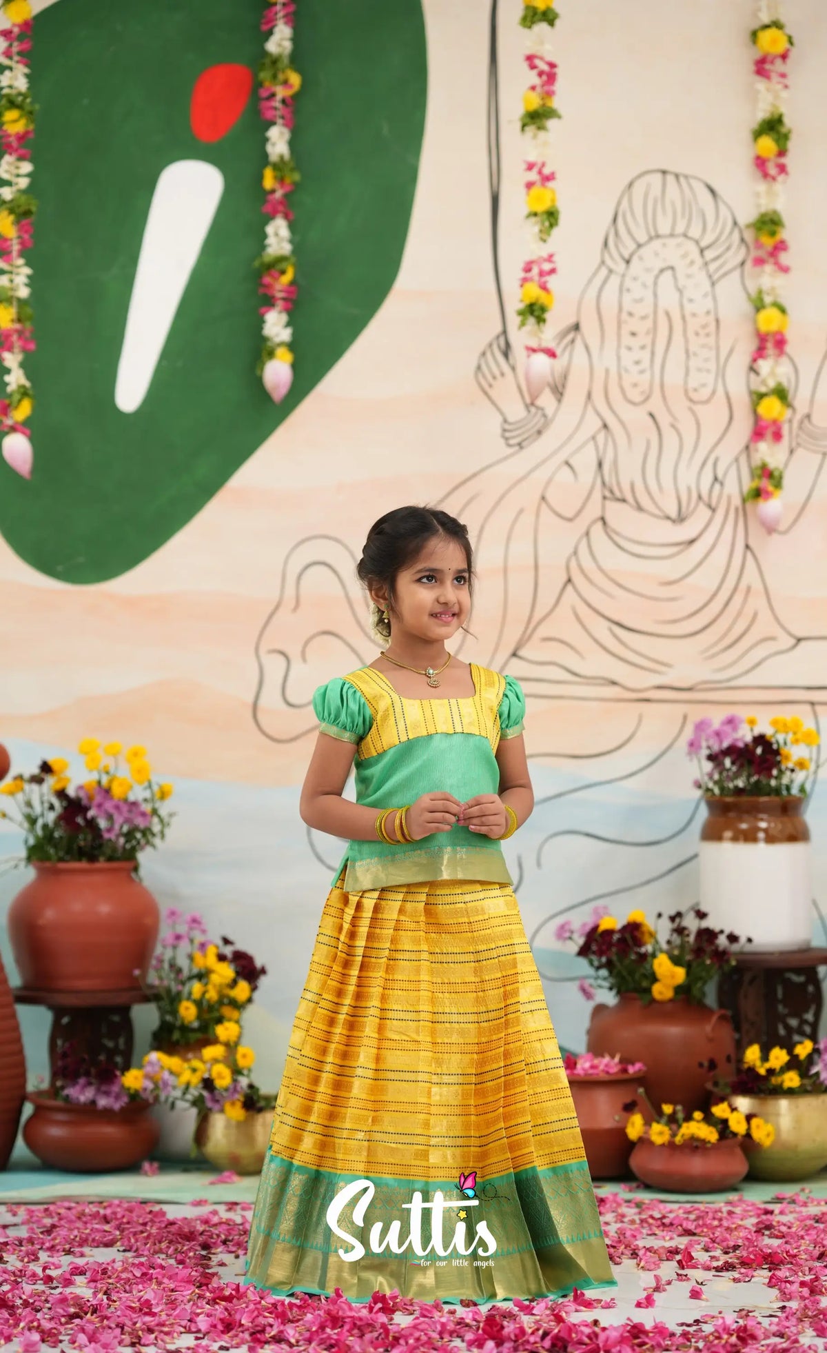Organza Pavadai Sattai - Bright Yellow and Turquoise Blue - Kids-Suttis
