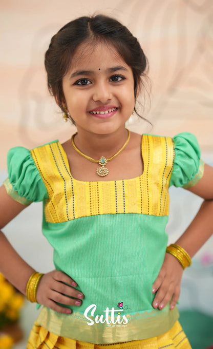 Organza Pavadai Sattai - Bright Yellow and Turquoise Blue - Kids-Suttis