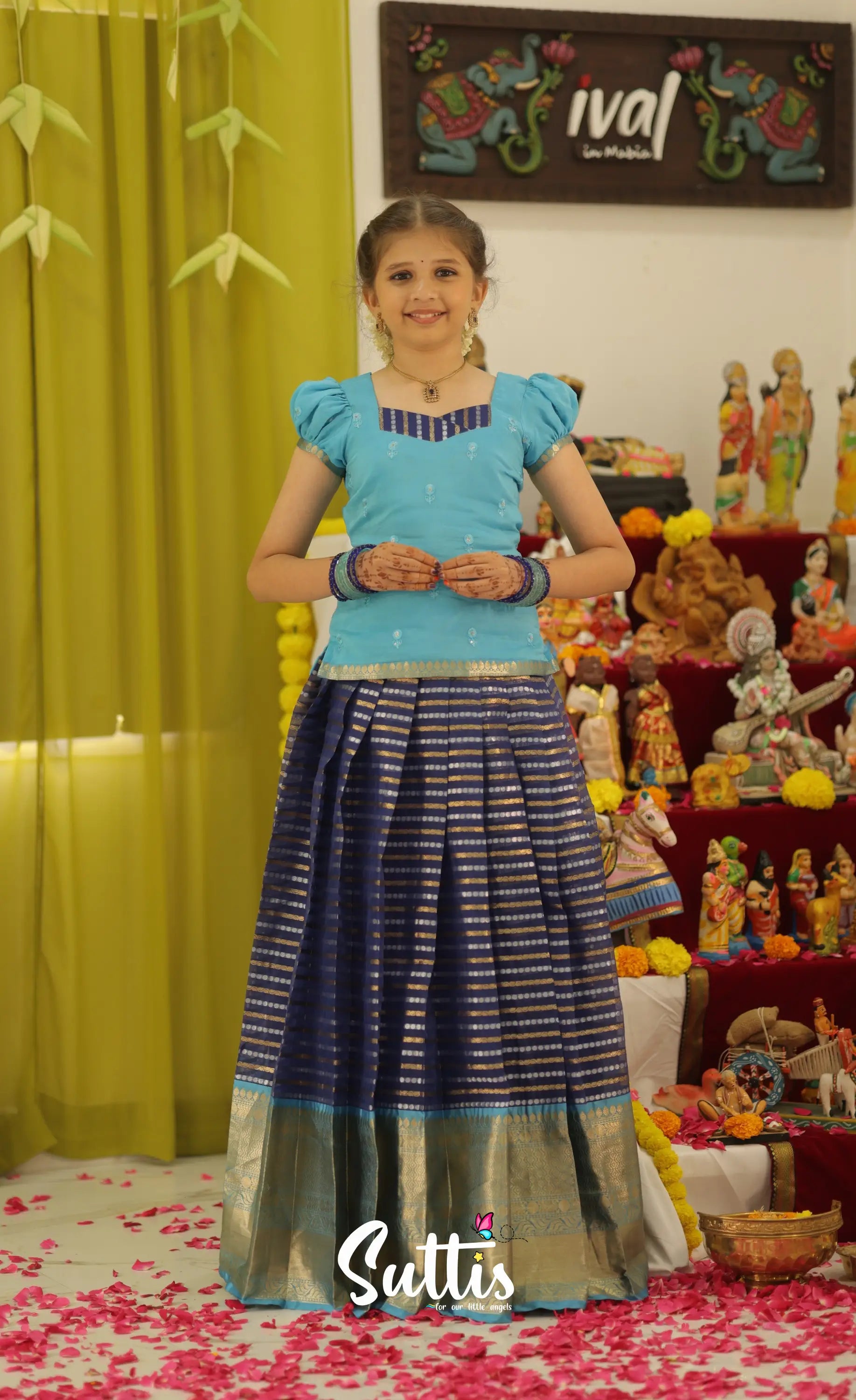Organza Pavadai Sattai - Dark Blue and Light Blue - Kids-Suttis