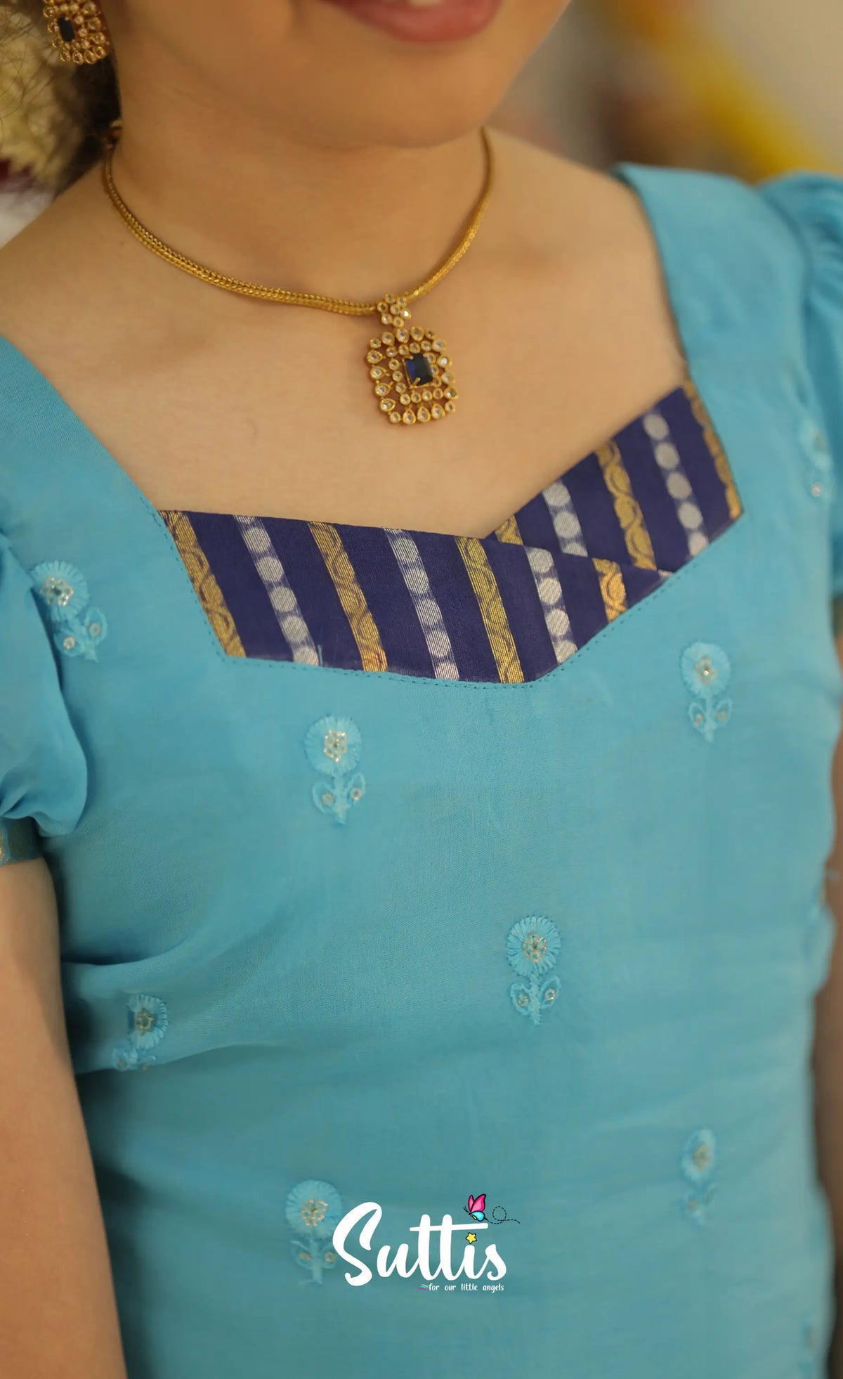 Organza Pavadai Sattai - Dark Blue and Light Blue - Kids-Suttis