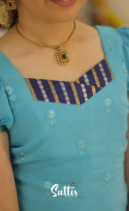 Organza Pavadai Sattai - Dark Blue and Light Blue - Kids-Suttis