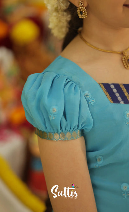 Organza Pavadai Sattai - Dark Blue and Light Blue - Kids-Suttis
