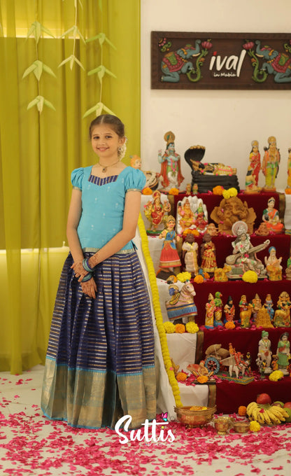Organza Pavadai Sattai - Dark Blue and Light Blue - Kids-Suttis