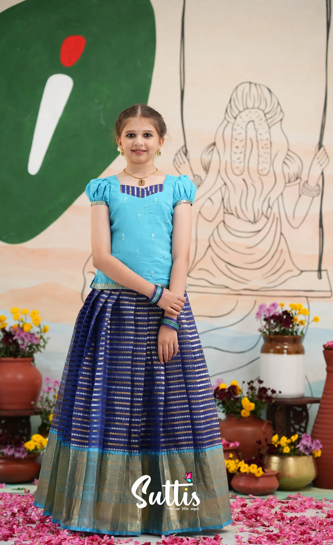 Organza Pavadai Sattai - Dark Blue and Light Blue - Kids-Suttis