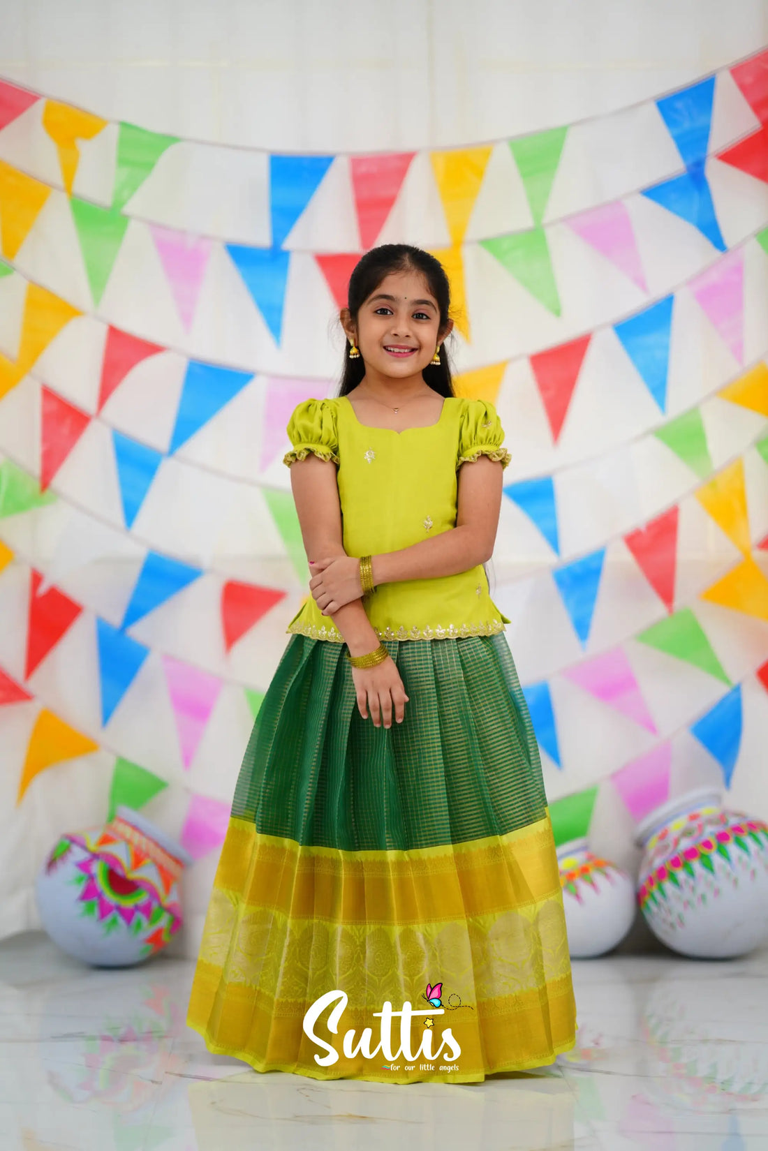 Organza Pavadai Sattai - Dark Green And Neon Kids-Suttis