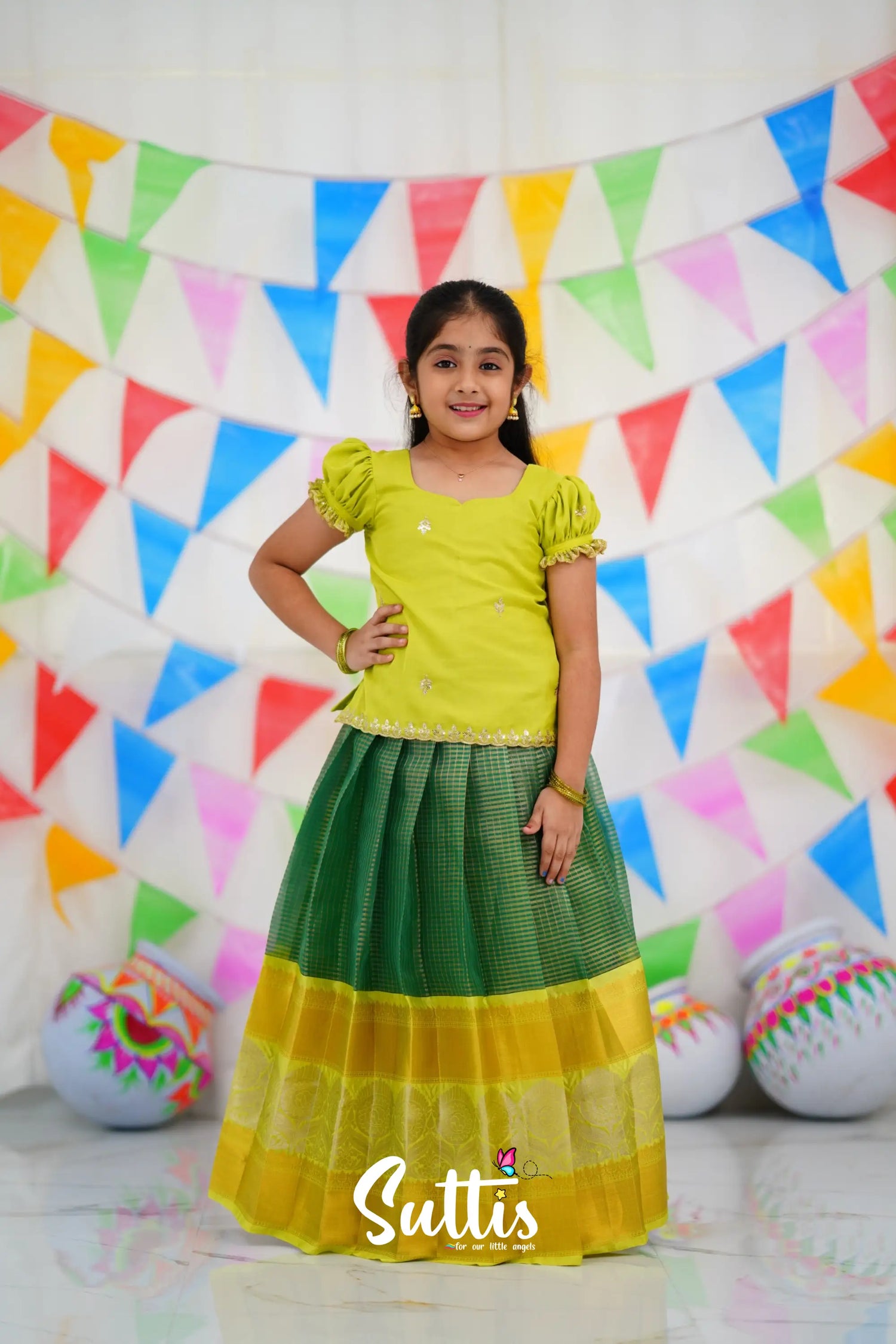 Organza Pavadai Sattai - Dark Green And Neon Kids-Suttis