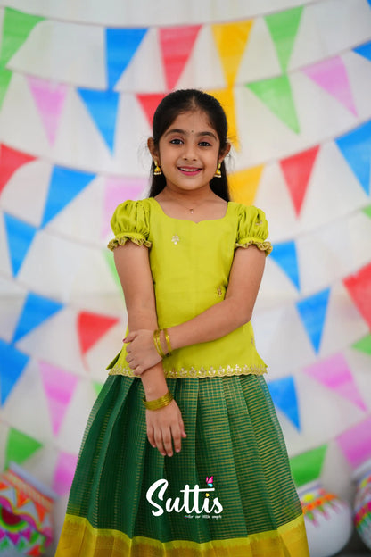 Organza Pavadai Sattai - Dark Green And Neon Kids-Suttis