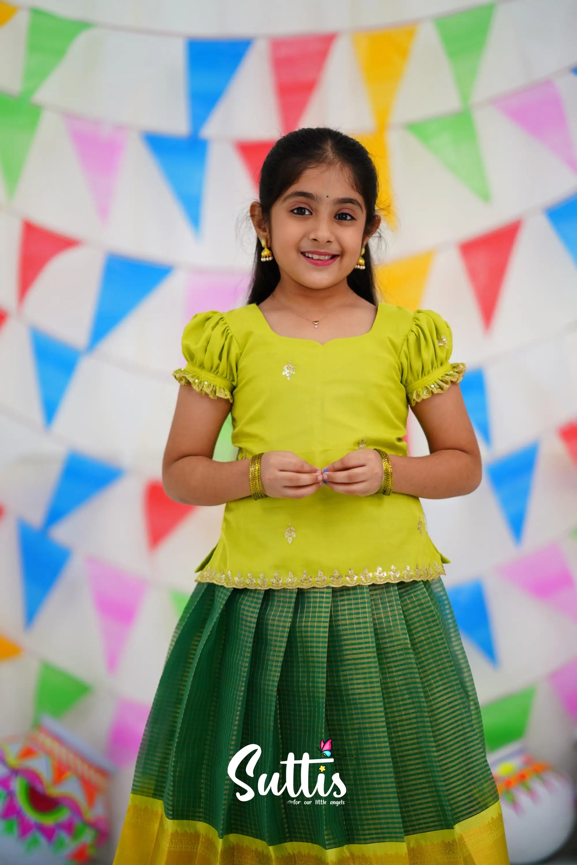 Organza Pavadai Sattai - Dark Green And Neon Kids-Suttis