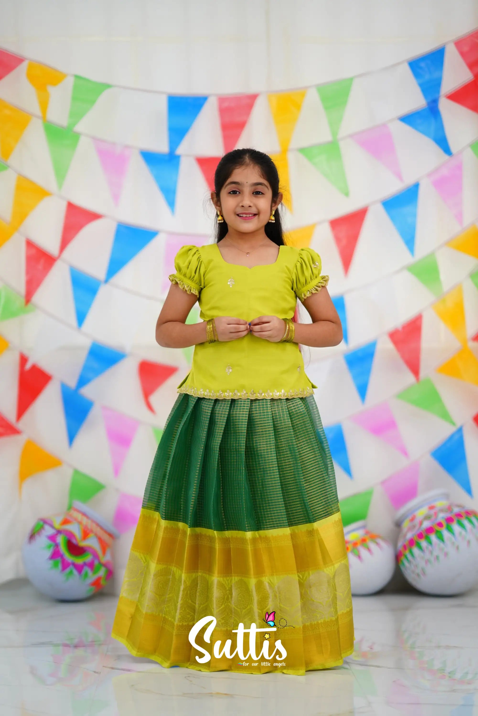 Organza Pavadai Sattai - Dark Green And Neon Kids-Suttis