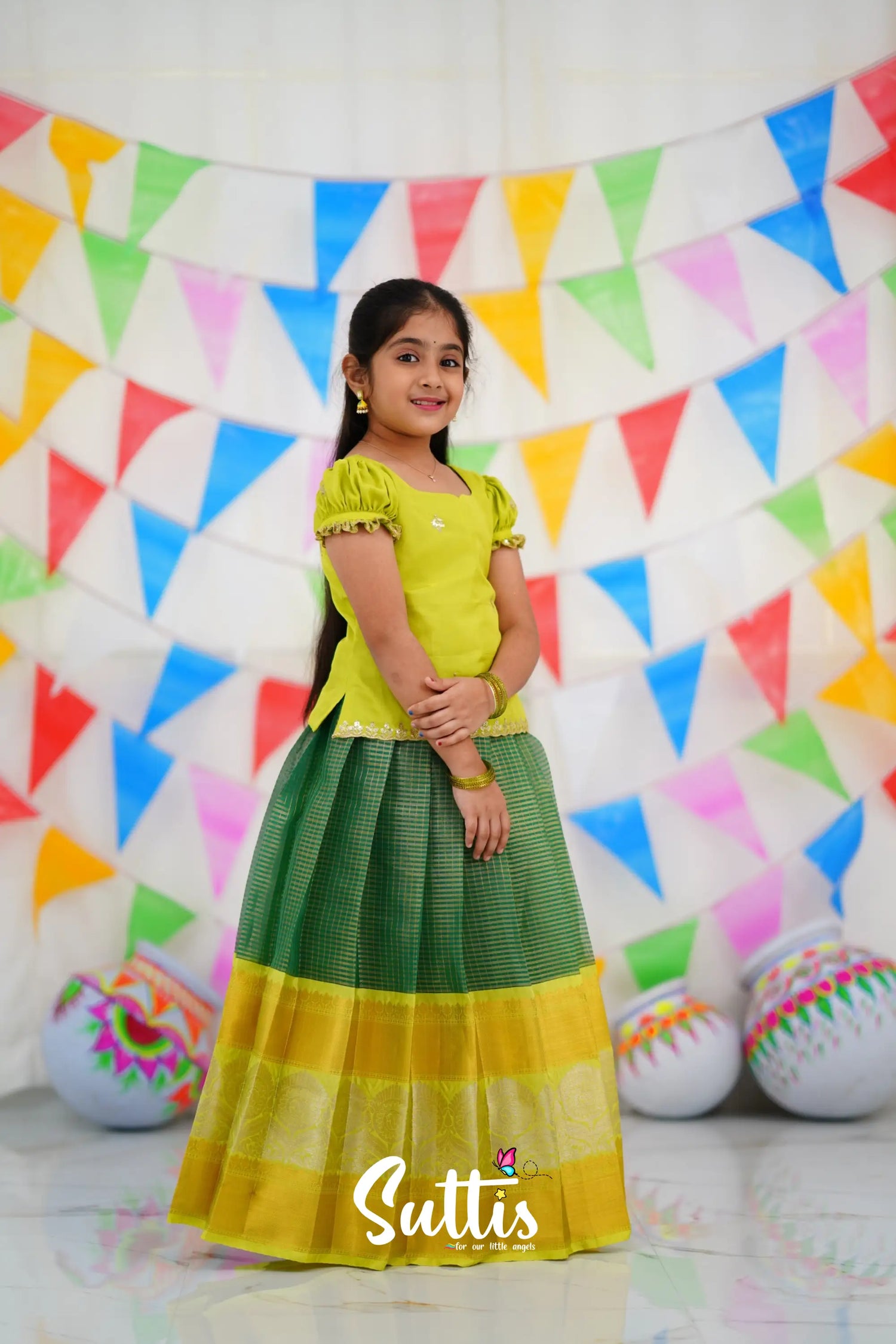 Organza Pavadai Sattai - Dark Green And Neon Kids-Suttis