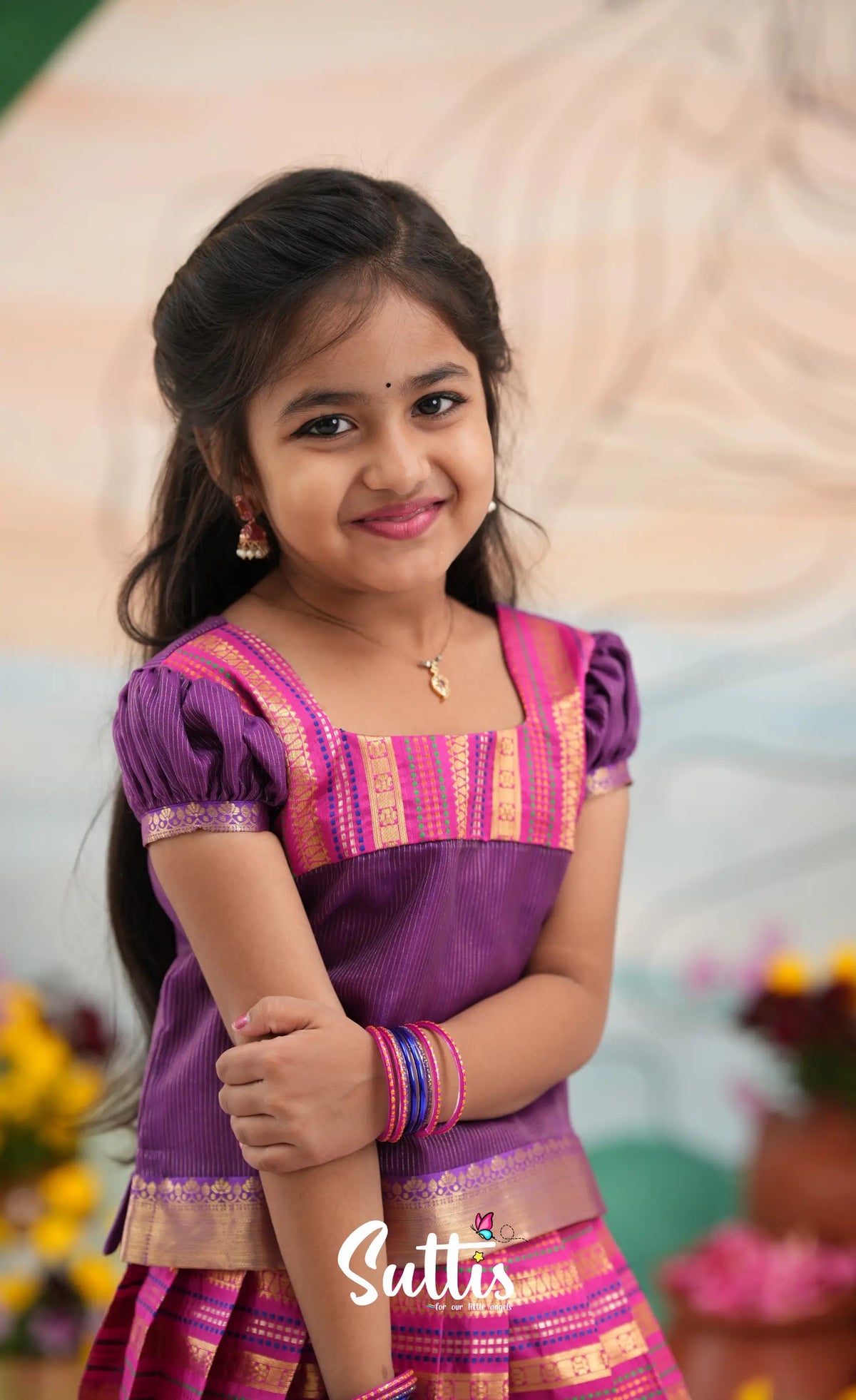 Organza Pavadai Sattai - Dark Pink and Purple - Kids-Suttis