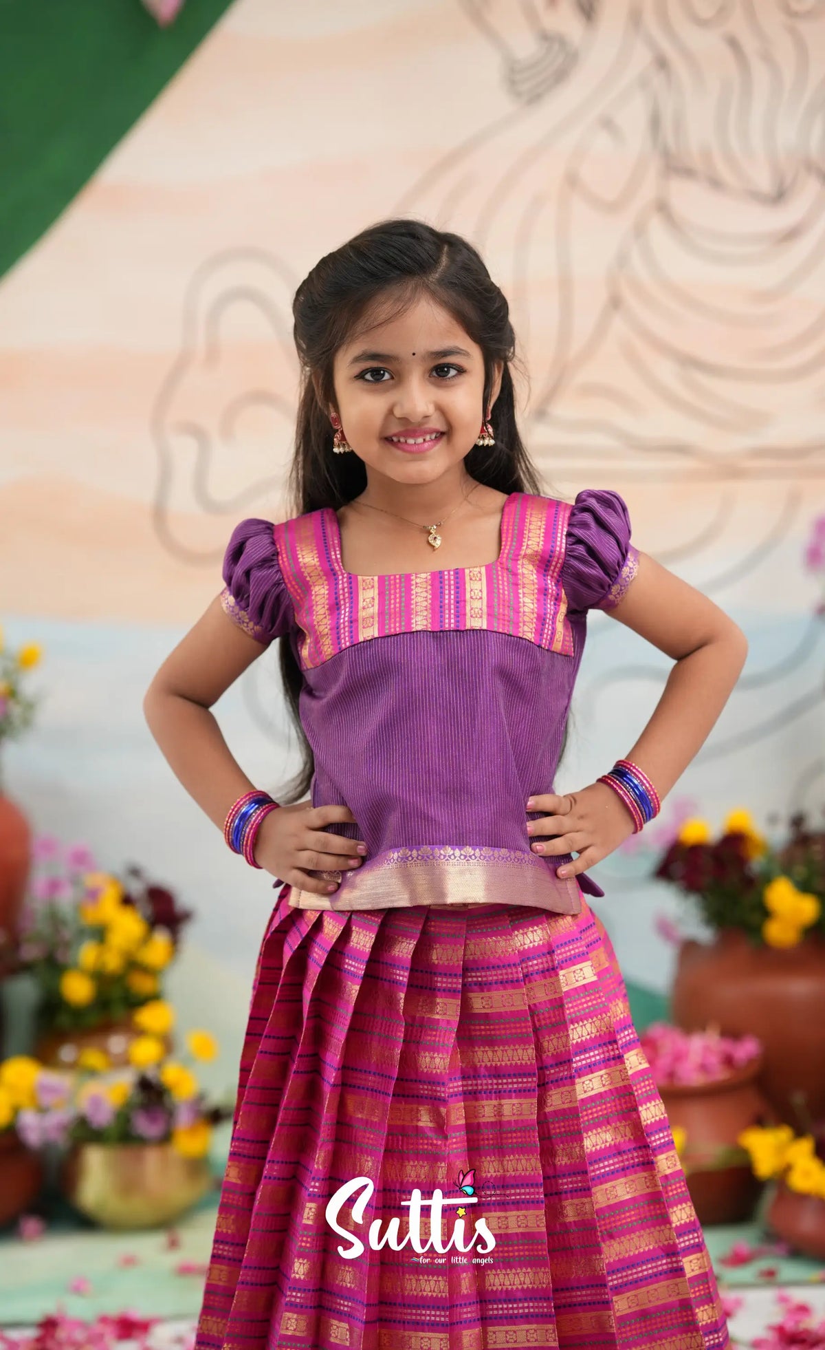 Organza Pavadai Sattai - Dark Pink and Purple - Kids-Suttis