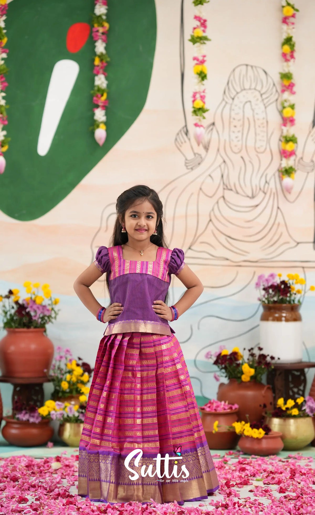 Organza Pavadai Sattai - Dark Pink and Purple - Kids-Suttis