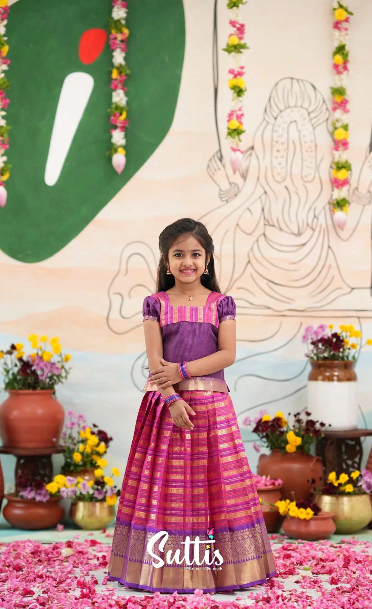 Organza Pavadai Sattai - Dark Pink and Purple - Kids-Suttis