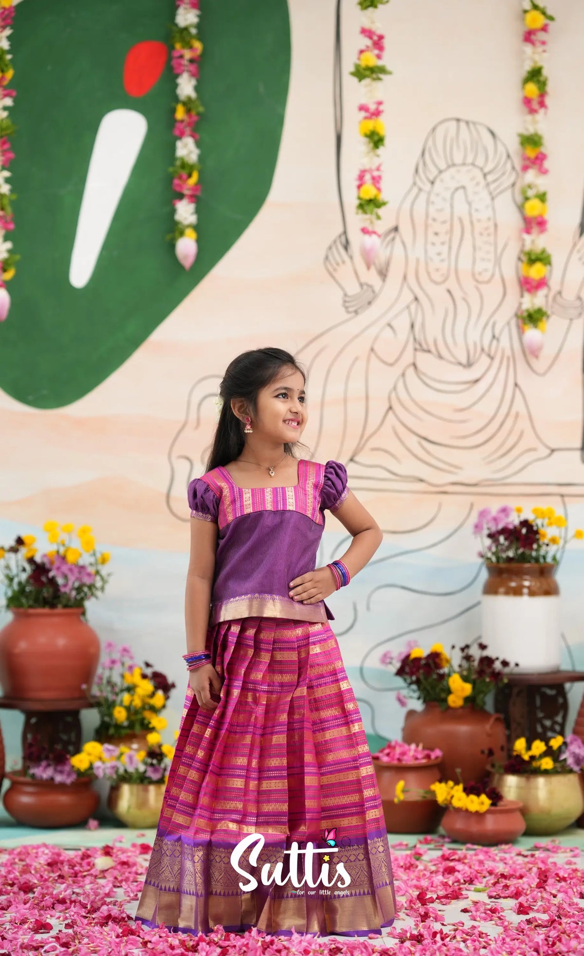 Organza Pavadai Sattai - Dark Pink and Purple - Kids-Suttis