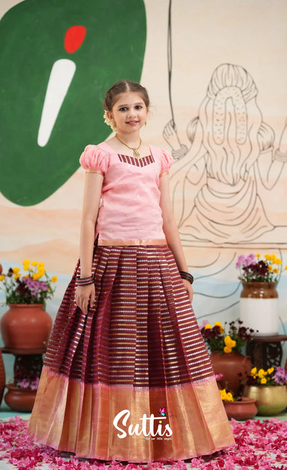 Organza Pavadai Sattai - Dark Wine and Peachish Pink - Kids-Suttis