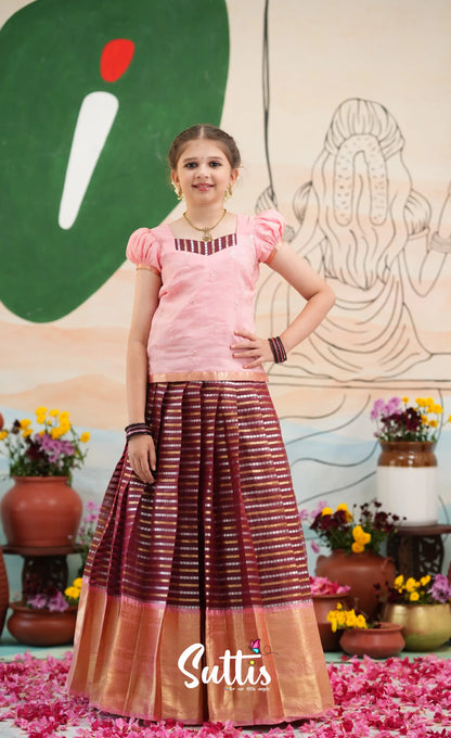 Organza Pavadai Sattai - Dark Wine and Peachish Pink - Kids-Suttis