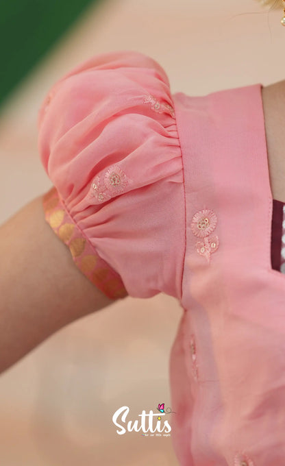 Organza Pavadai Sattai - Dark Wine and Peachish Pink - Kids-Suttis