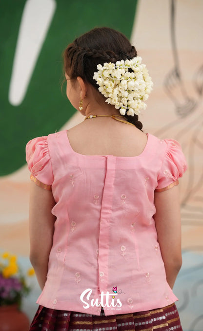Organza Pavadai Sattai - Dark Wine and Peachish Pink - Kids-Suttis