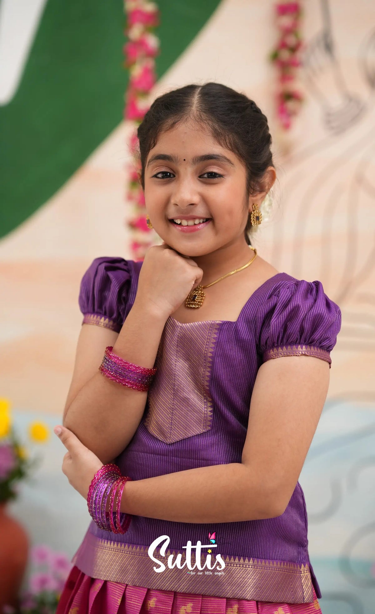Organza Pavadai Sattai - Deep pink and Purple - Kids-Suttis