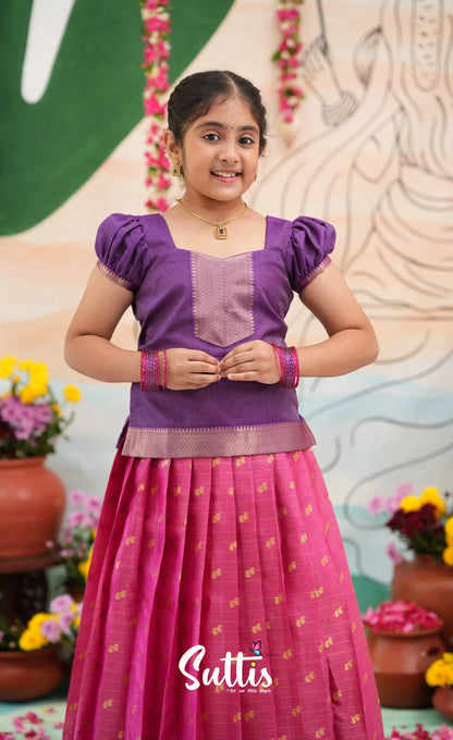 Organza Pavadai Sattai - Deep pink and Purple - Kids-Suttis