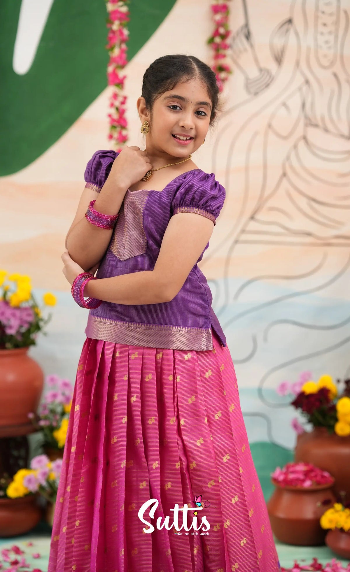 Organza Pavadai Sattai - Deep pink and Purple - Kids-Suttis