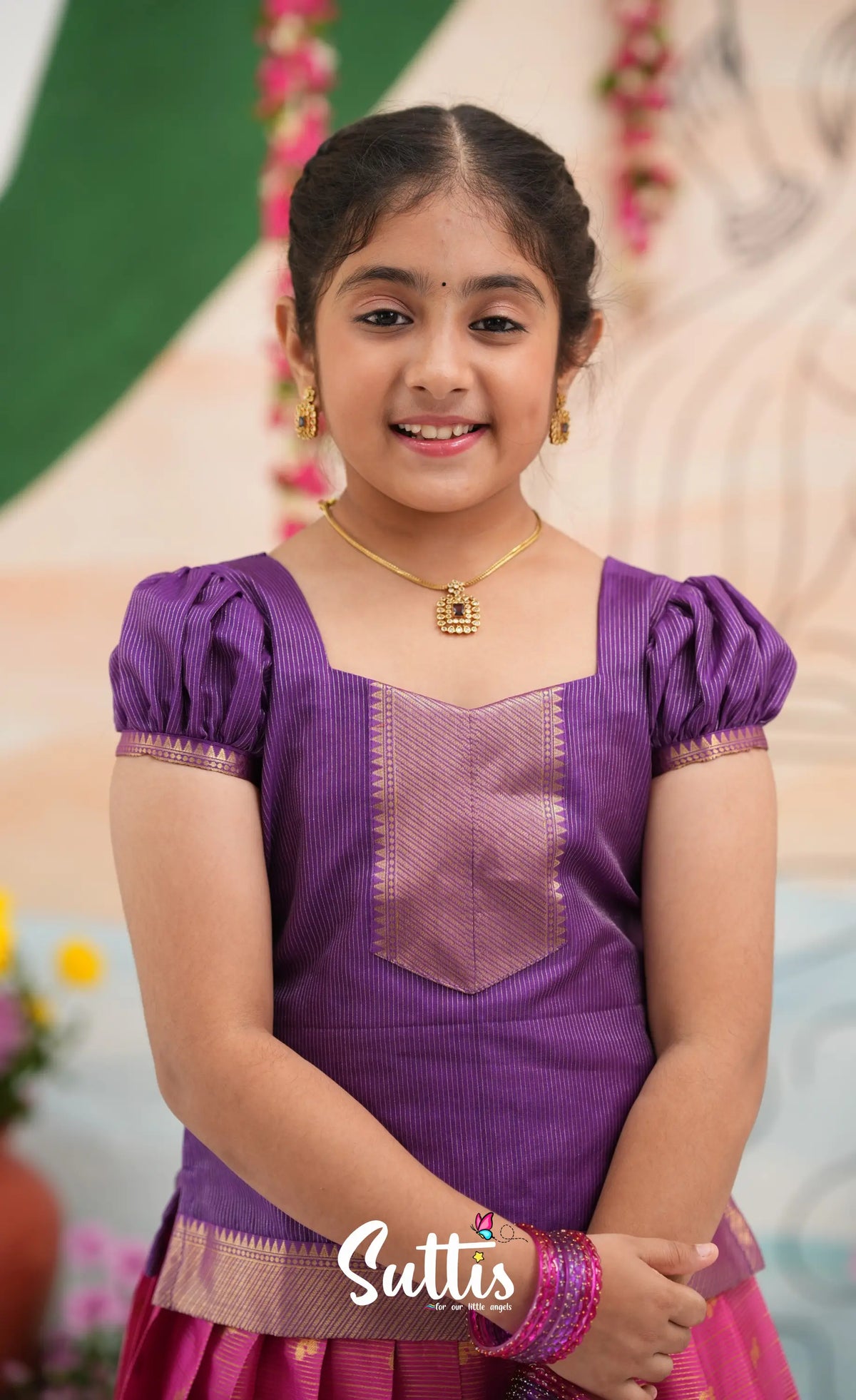 Organza Pavadai Sattai - Deep pink and Purple - Kids-Suttis