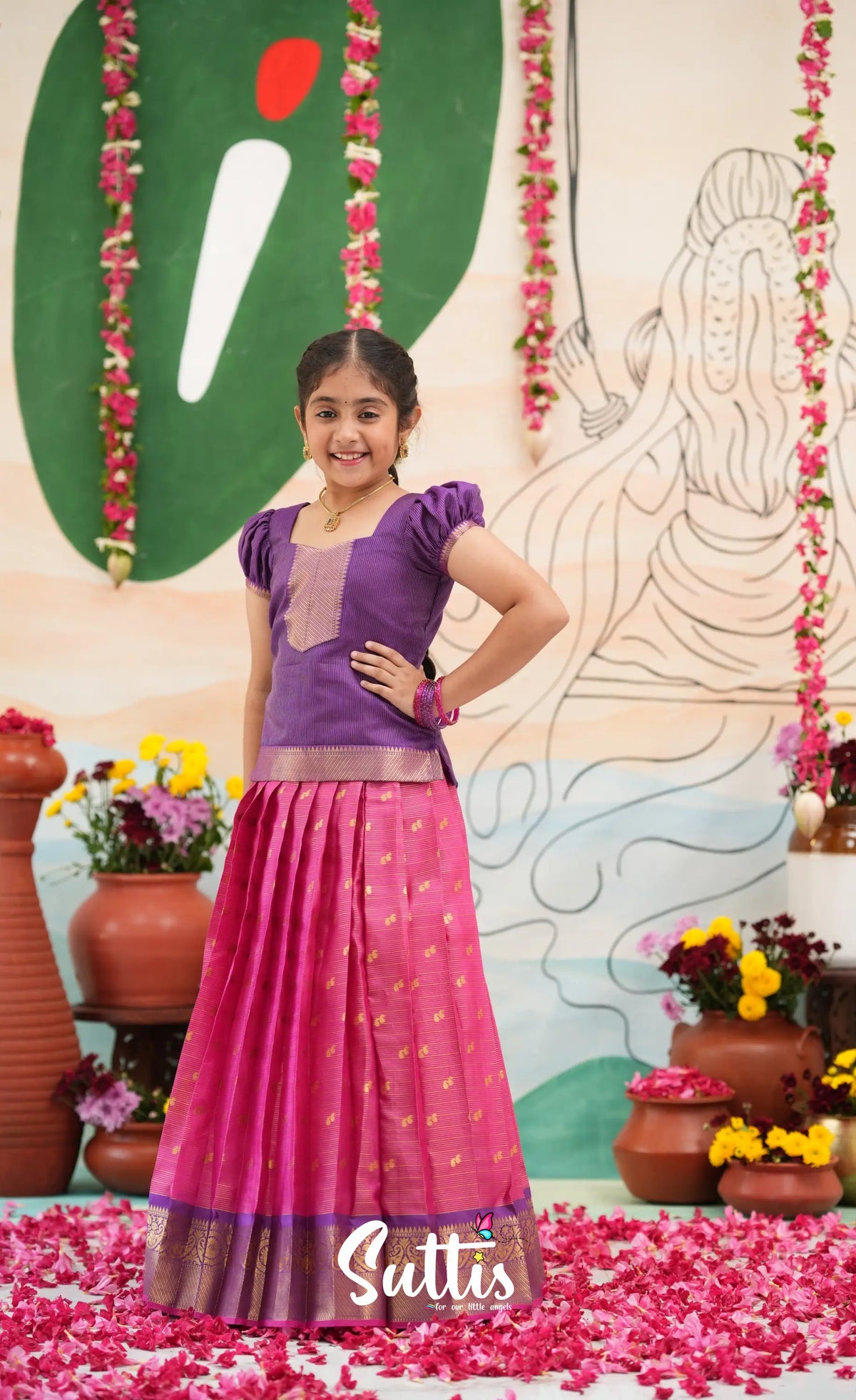 Organza Pavadai Sattai - Deep pink and Purple - Kids-Suttis