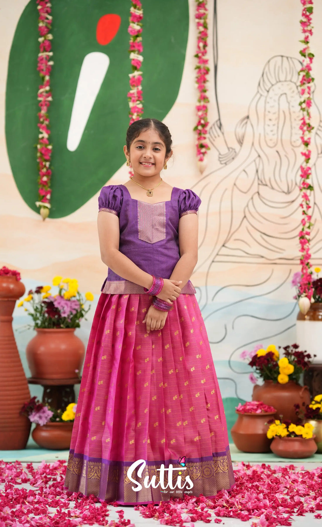 Organza Pavadai Sattai - Deep pink and Purple - Kids-Suttis