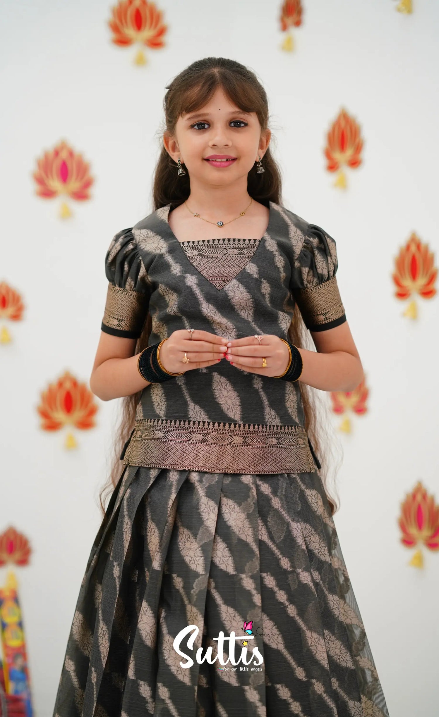 Organza Pavadai Sattai - Grey And Black Kids-Suttis