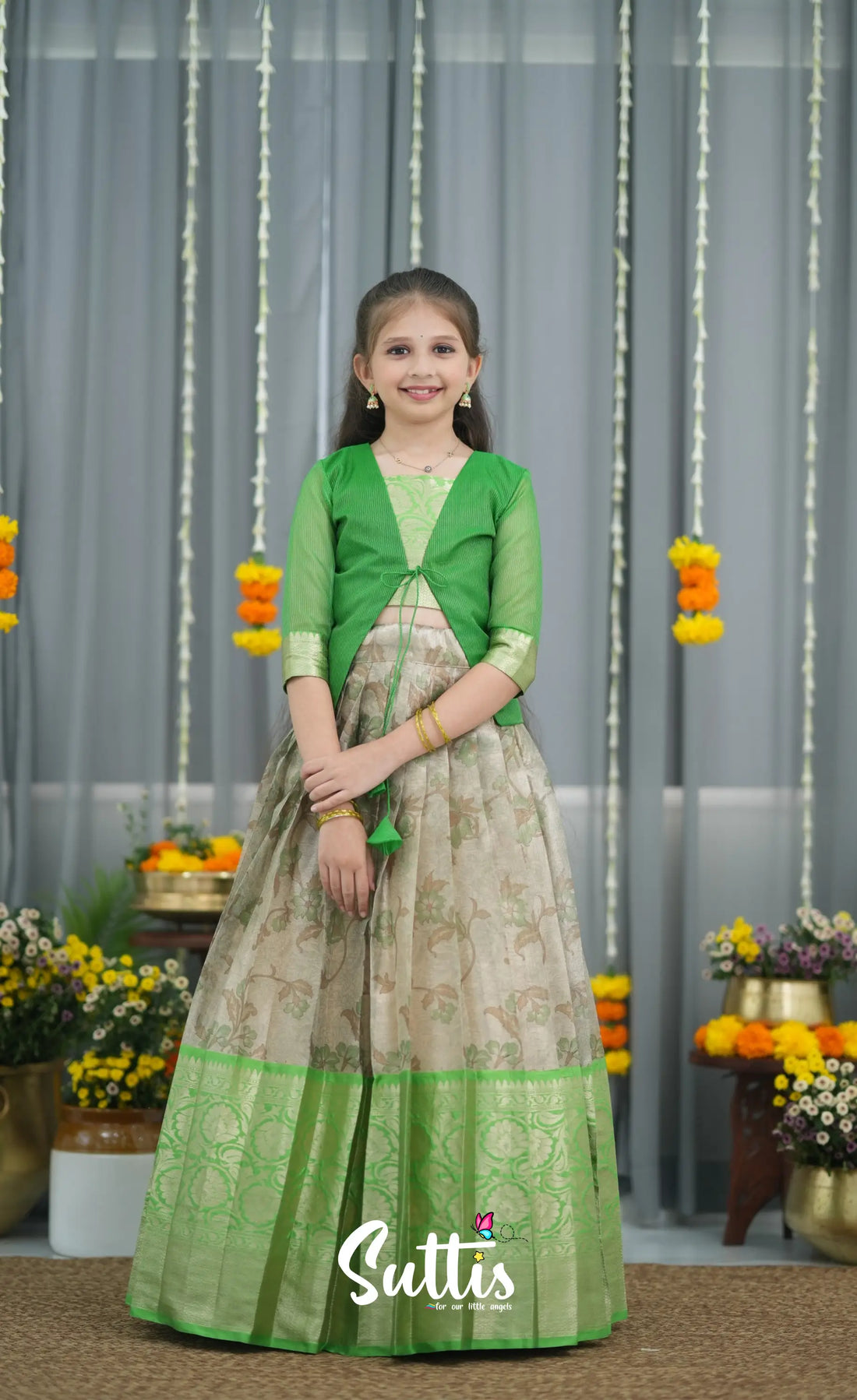 Organza Pavadai Sattai - Grey and Light Green Kids-Suttis