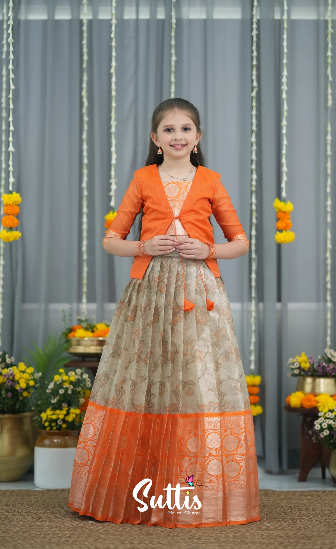 Organza Pavadai Sattai - Grey and Orange Kids-Suttis