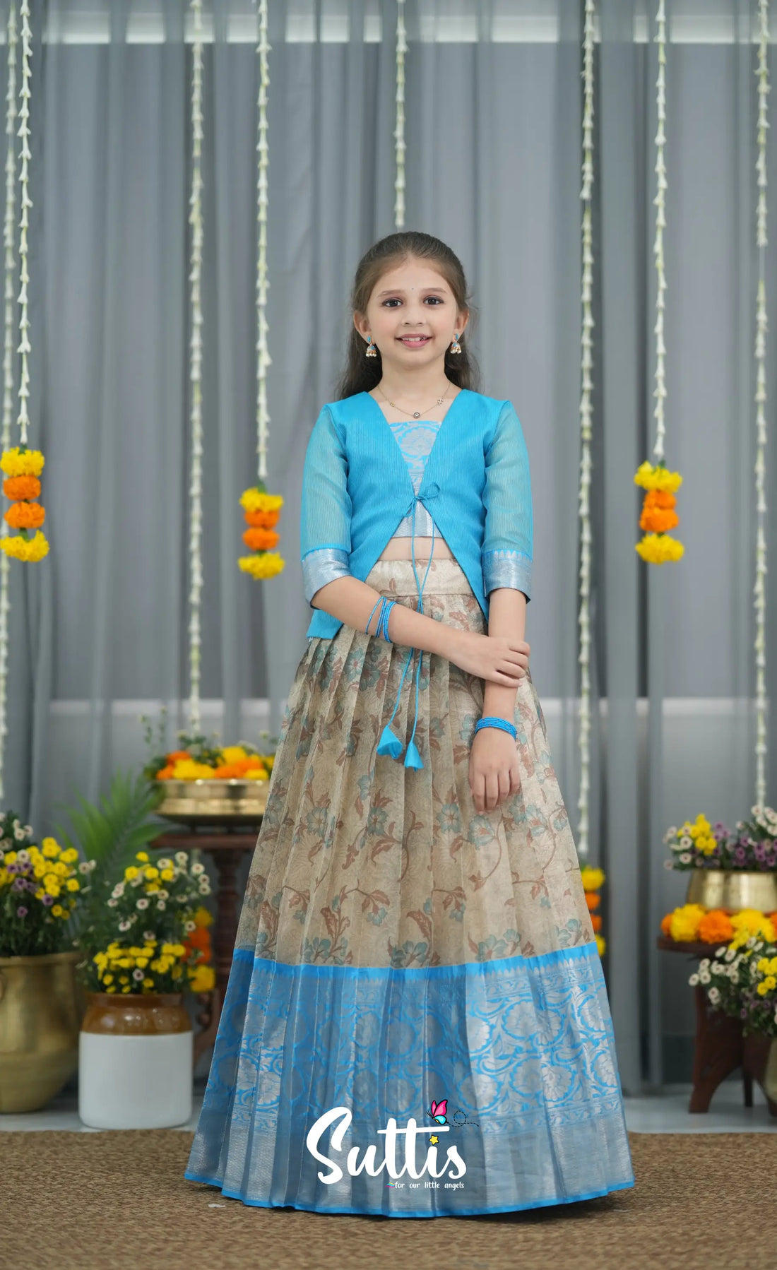 Organza Pavadai Sattai - Grey and Sky Blue Kids-Suttis