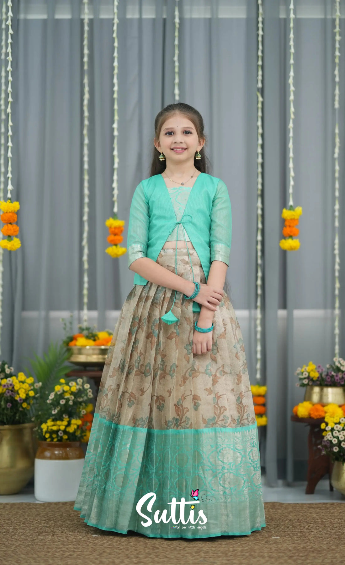 Organza Pavadai Sattai - Grey and Teal Blue Kids-Suttis