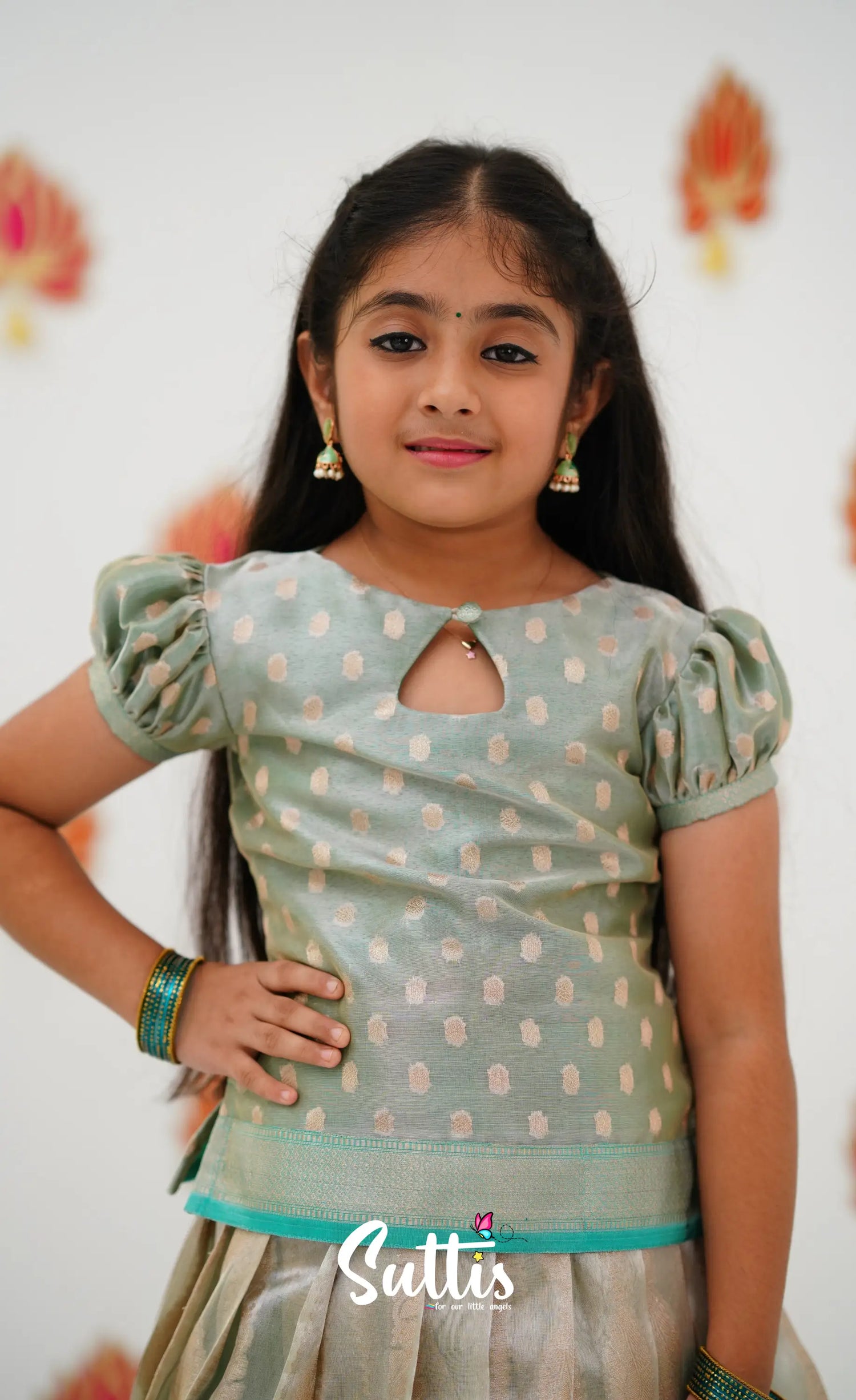 Organza Pavadai Sattai - Grey And Teal Kids-Suttis