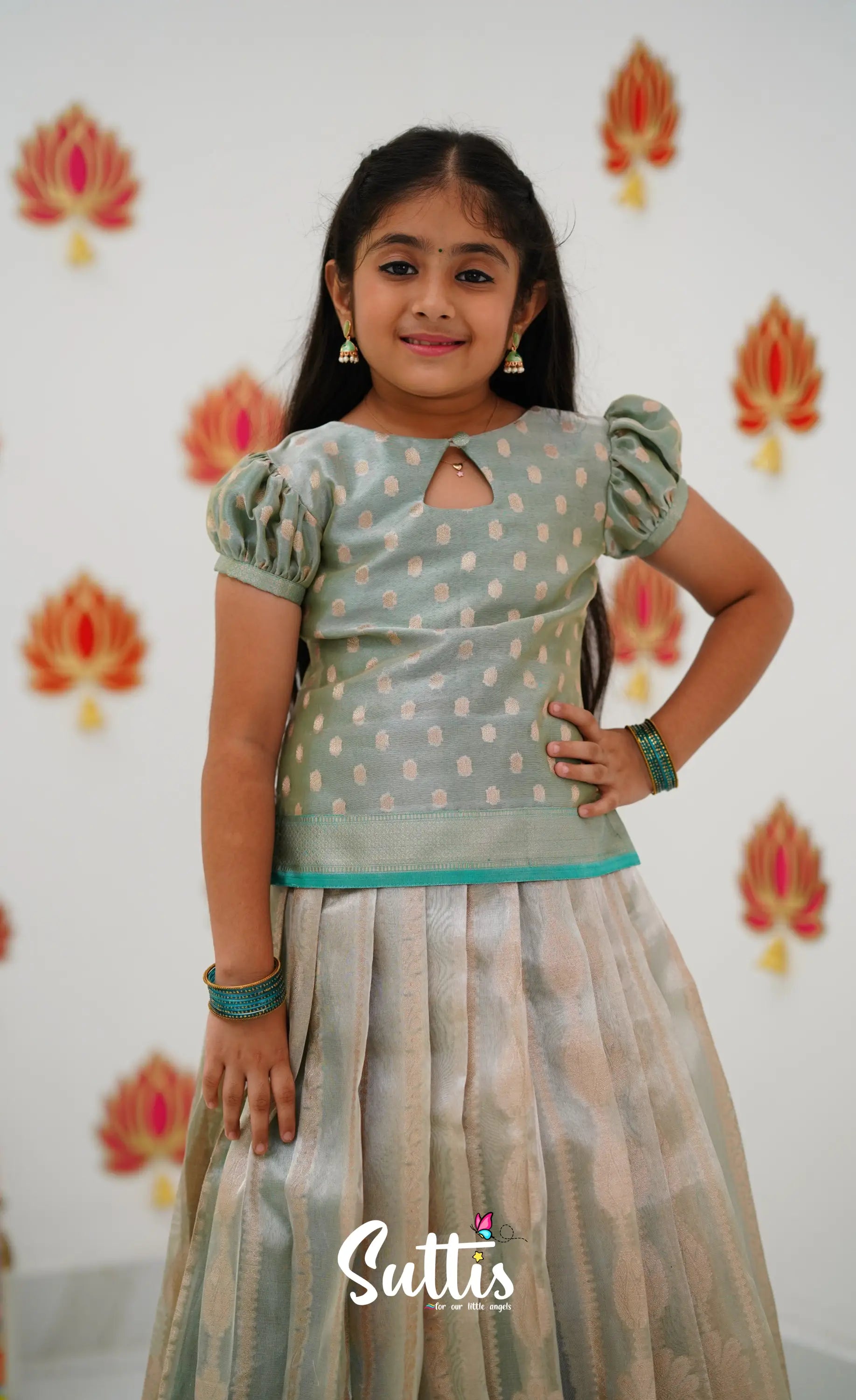 Organza Pavadai Sattai - Grey And Teal Kids-Suttis