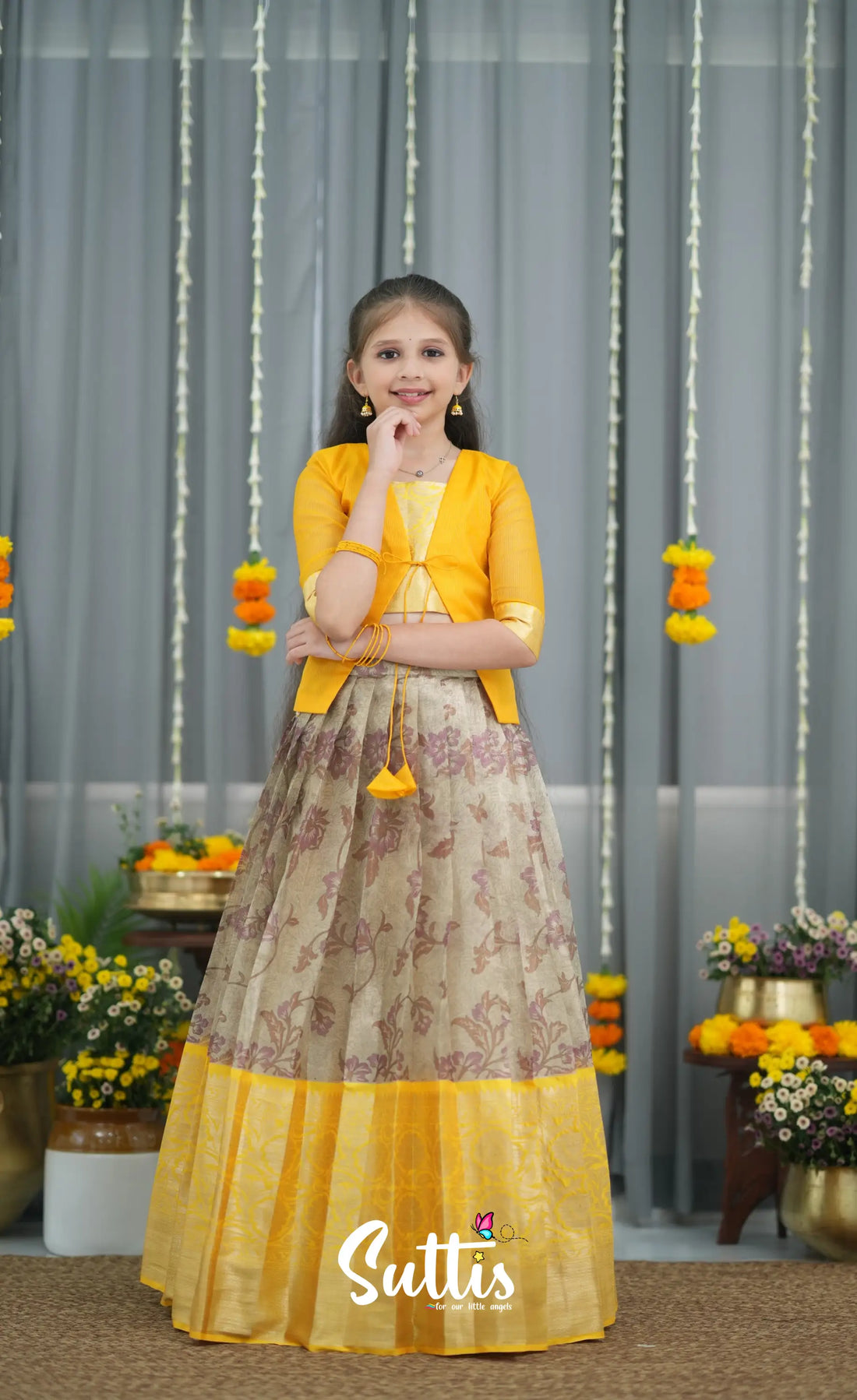 Organza Pavadai Sattai - Grey and Yellow Kids-Suttis