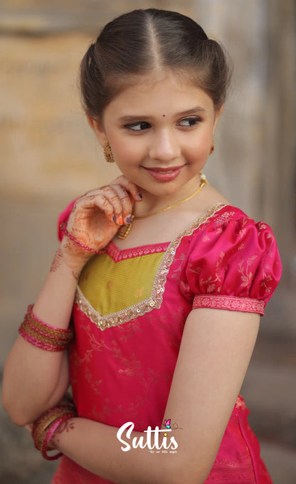 Organza Pavadai Sattai - Henna Yellow and Rani Pink - Kids-Suttis
