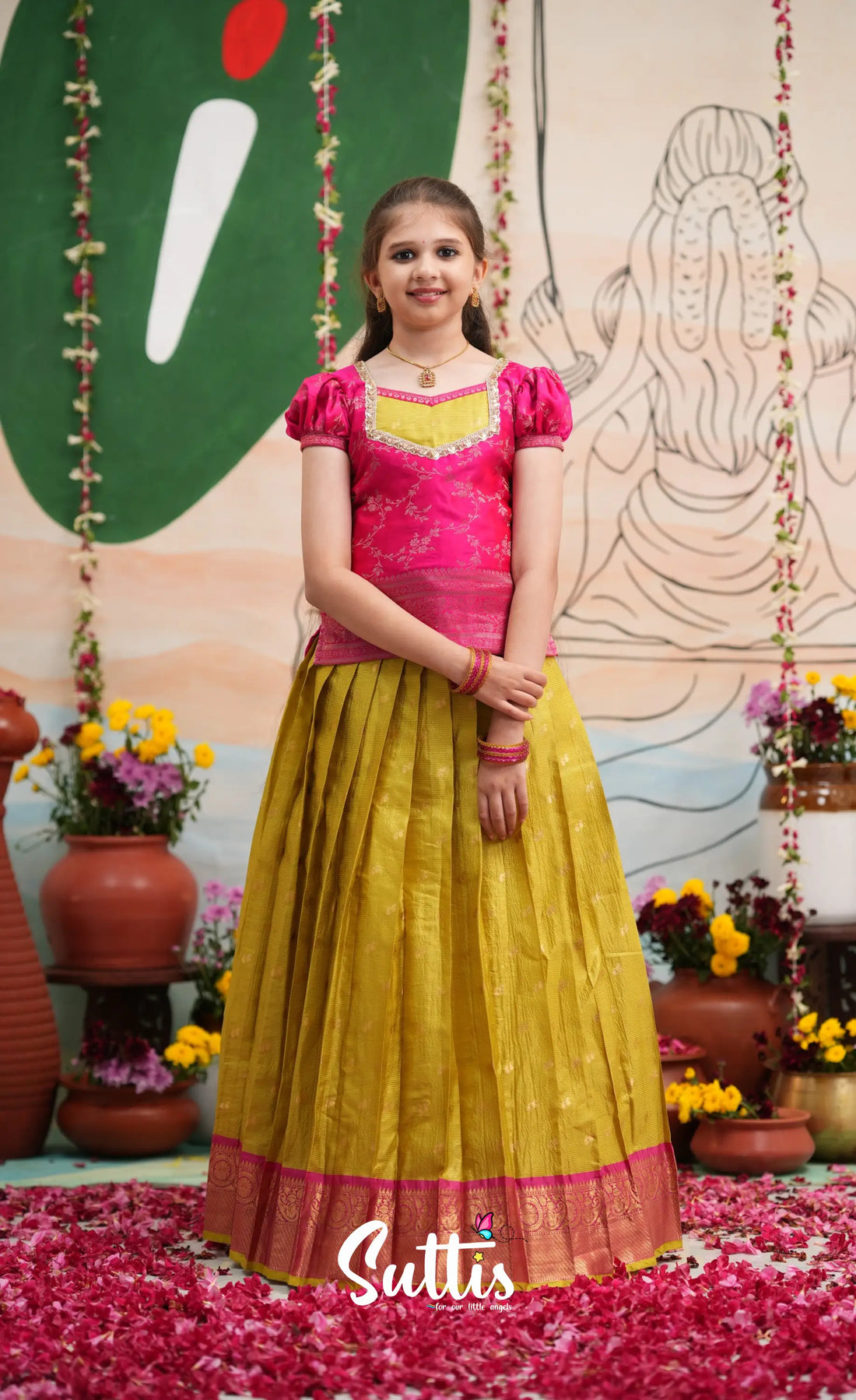 Organza Pavadai Sattai - Henna Yellow and Rani Pink - Kids-Suttis