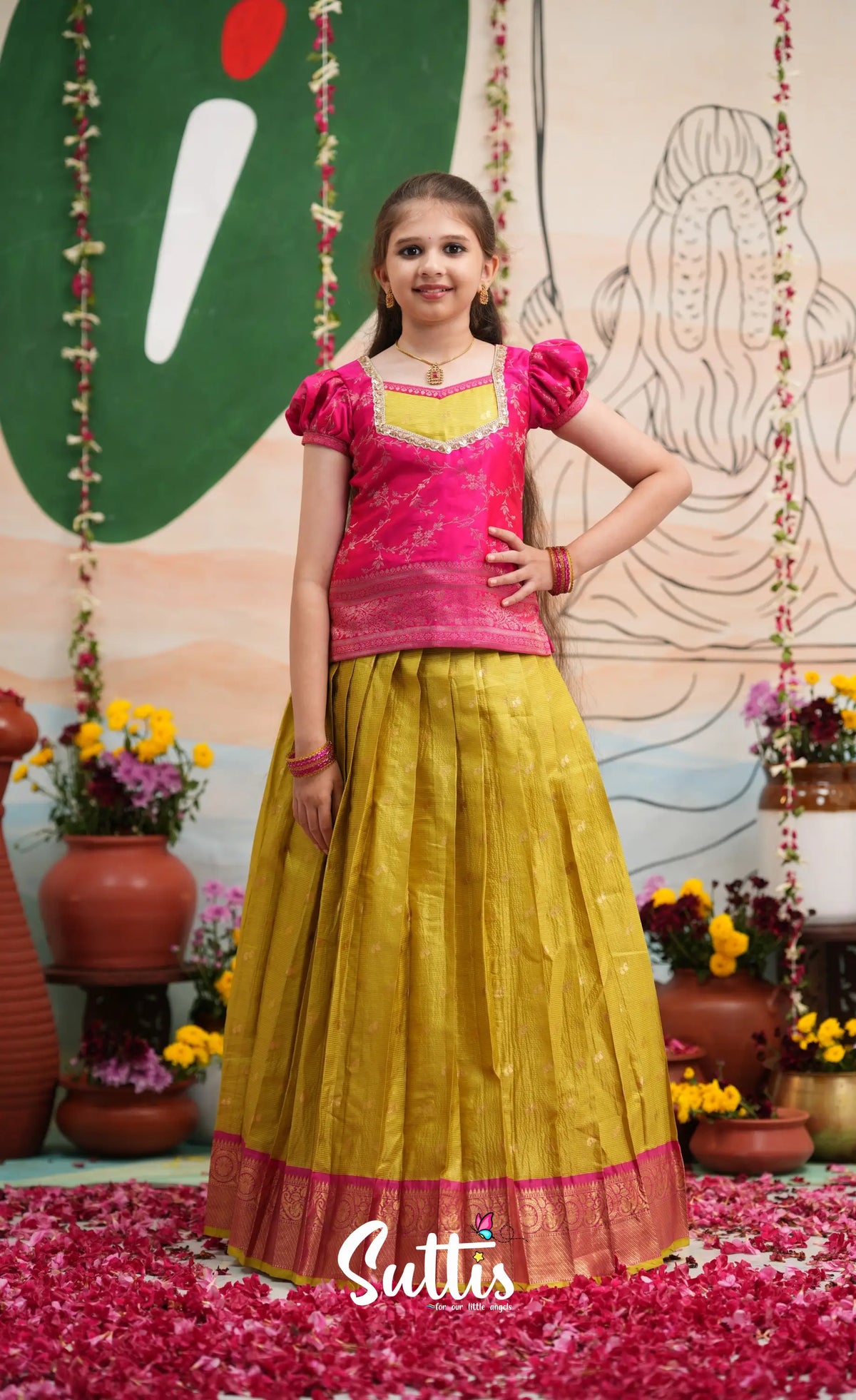 Organza Pavadai Sattai - Henna Yellow and Rani Pink - Kids-Suttis