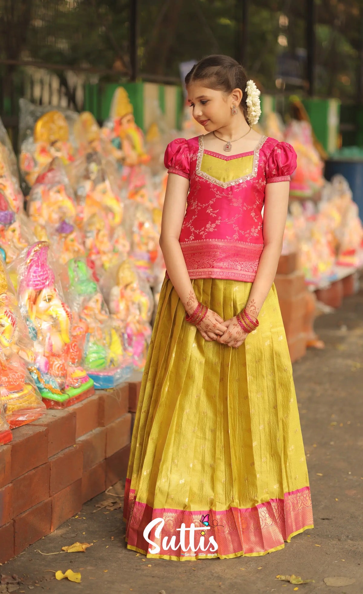 Organza Pavadai Sattai - Henna Yellow and Rani Pink - Kids-Suttis