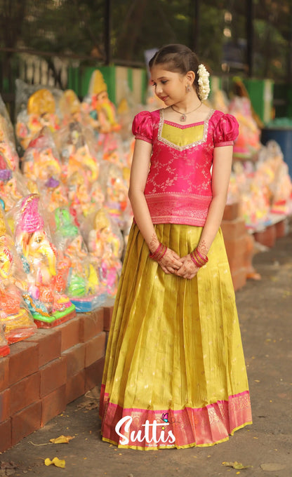 Organza Pavadai Sattai - Henna Yellow and Rani Pink - Kids-Suttis