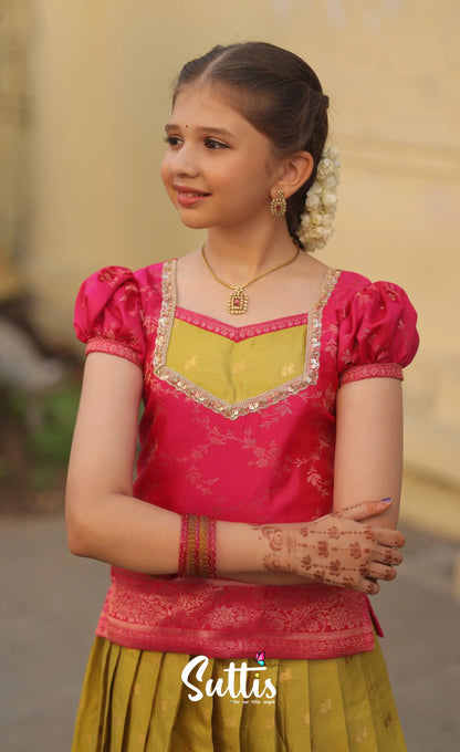 Organza Pavadai Sattai - Henna Yellow and Rani Pink - Kids-Suttis