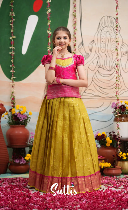 Organza Pavadai Sattai - Henna Yellow and Rani Pink - Kids-Suttis